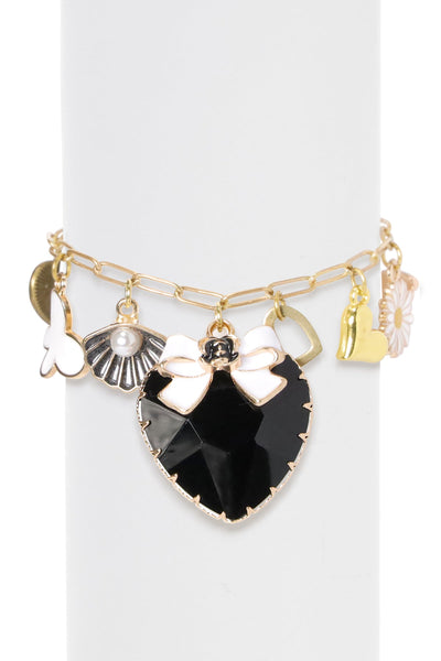 Black Crystal Heart & Multi-Charm Bracelet - BR