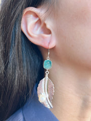 Aquamarine With Pearl Feather Drop Earrings - SF