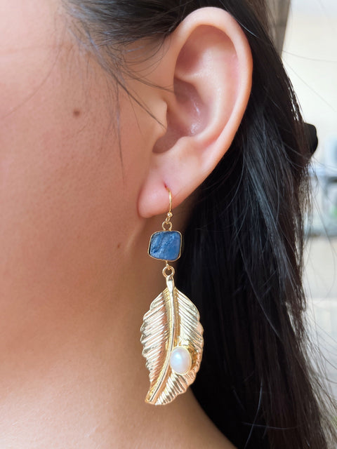 Kyanite & Pearl Feather Drop Earrings In Gold - GF