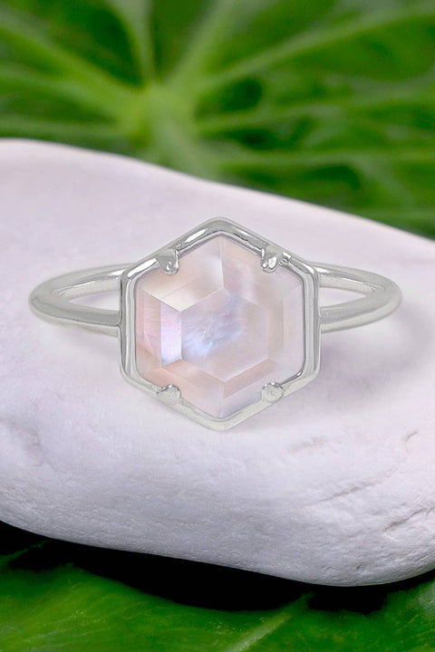 Mother Of Pearl Quartz Hexagon Ring - SF